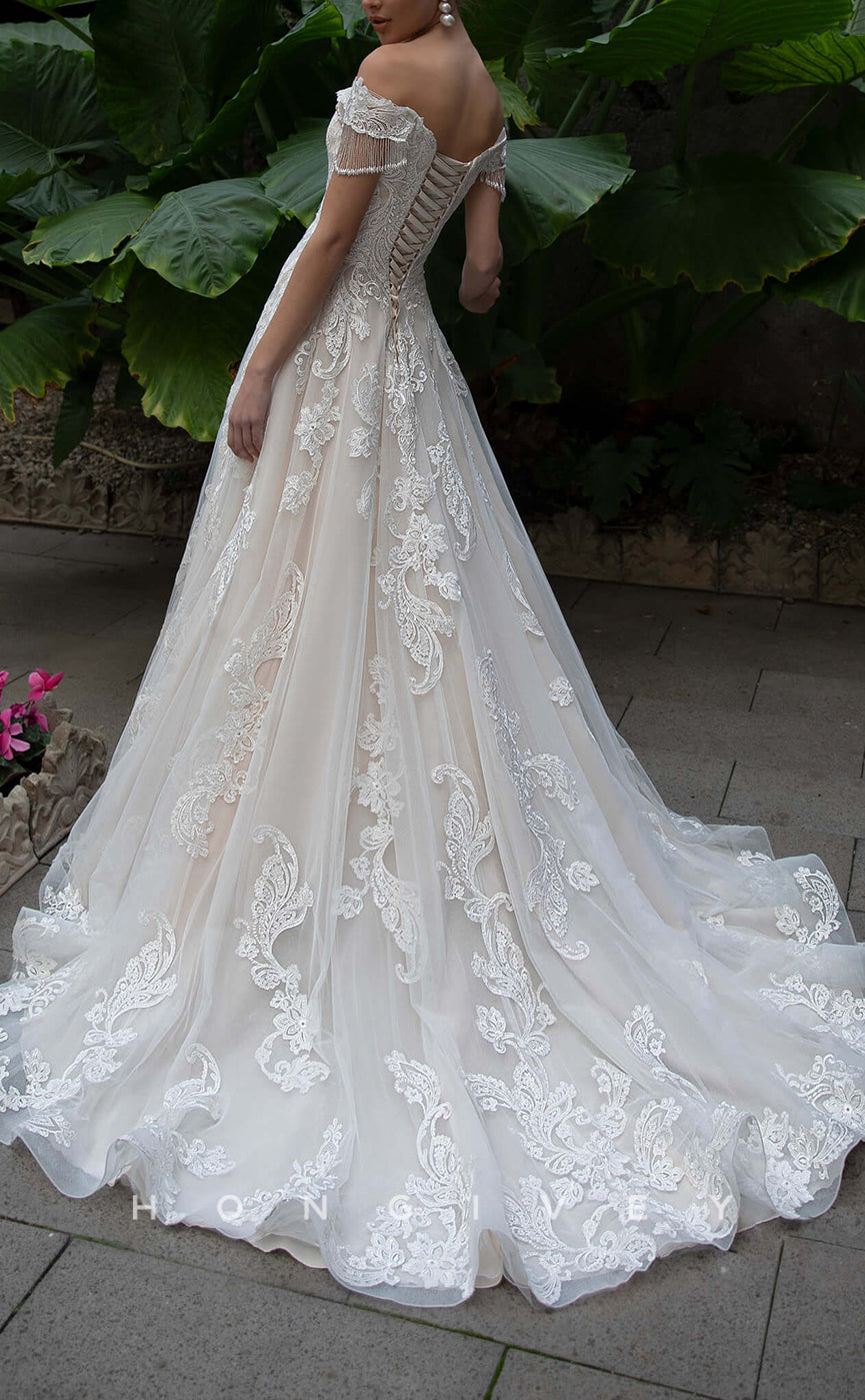 H1398 - Sexy Tulle A-Line Off-Shoulder Empire Bead-Fringed Appliques With Train Wedding Dress