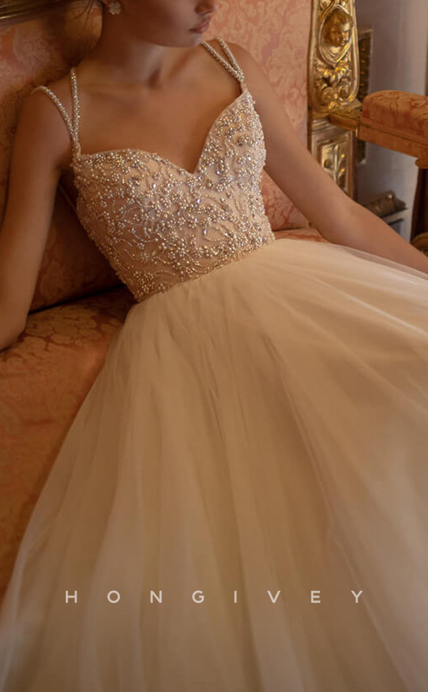 H1399 - Sexy Tulle A-Line Sweetheart Spaghetti Straps Empire Beaded Appliques With Tulle Train Wedding Dress