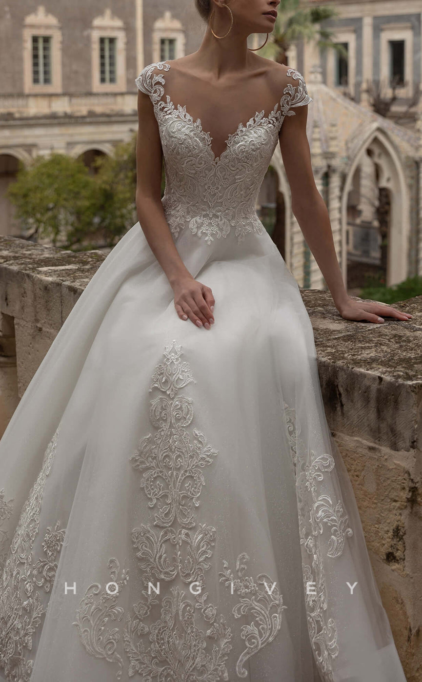 H1400 - Sexy Tulle A-Line V-Neck Cap Sleeves Empire Appliques With Train Wedding Dress