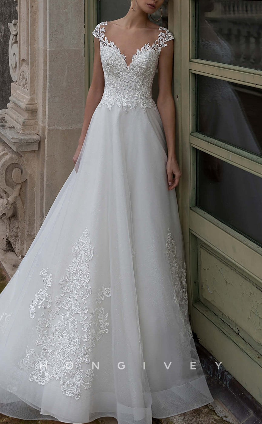 H1400 - Sexy Tulle A-Line V-Neck Cap Sleeves Empire Appliques With Train Wedding Dress