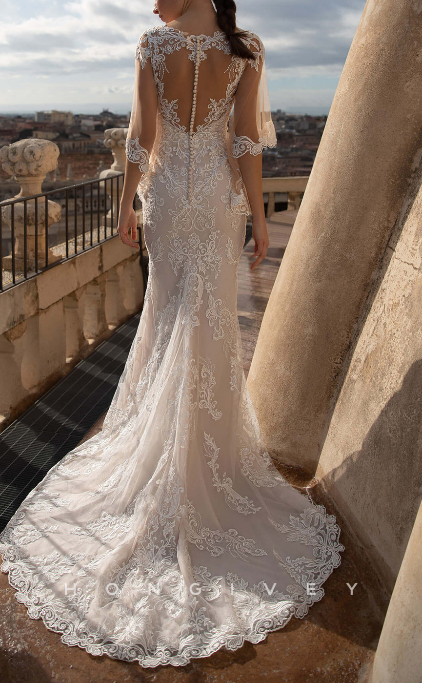 H1402 - Sexy Trumpet Lace V-Neck With Long Bell Sleeves Empire Appliques Wedding Dress