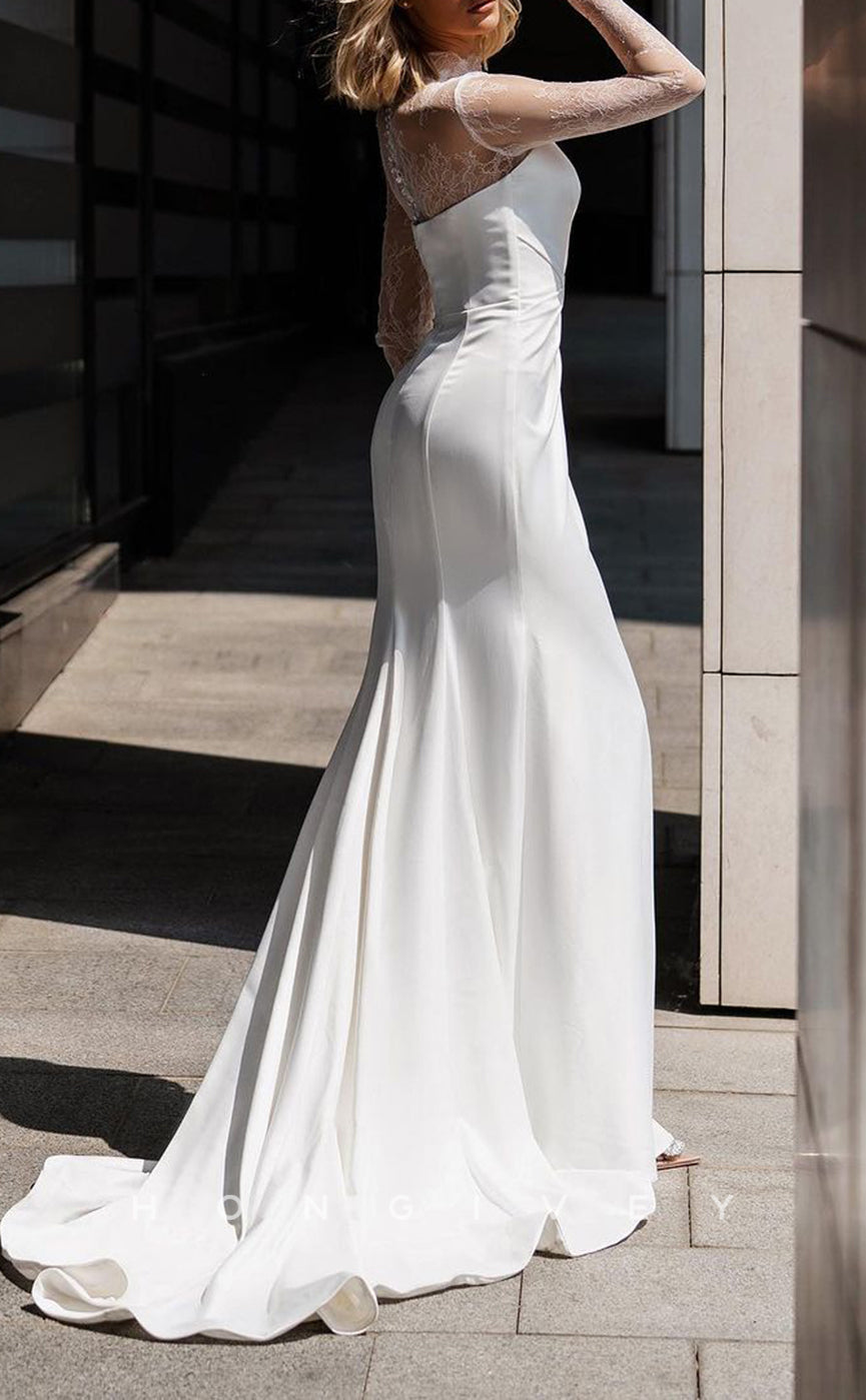 H1403 - Sexy Satin A-Line Lace High Neck Long Sleeve Empire Ruched With Side Slit Train Wedding Dress