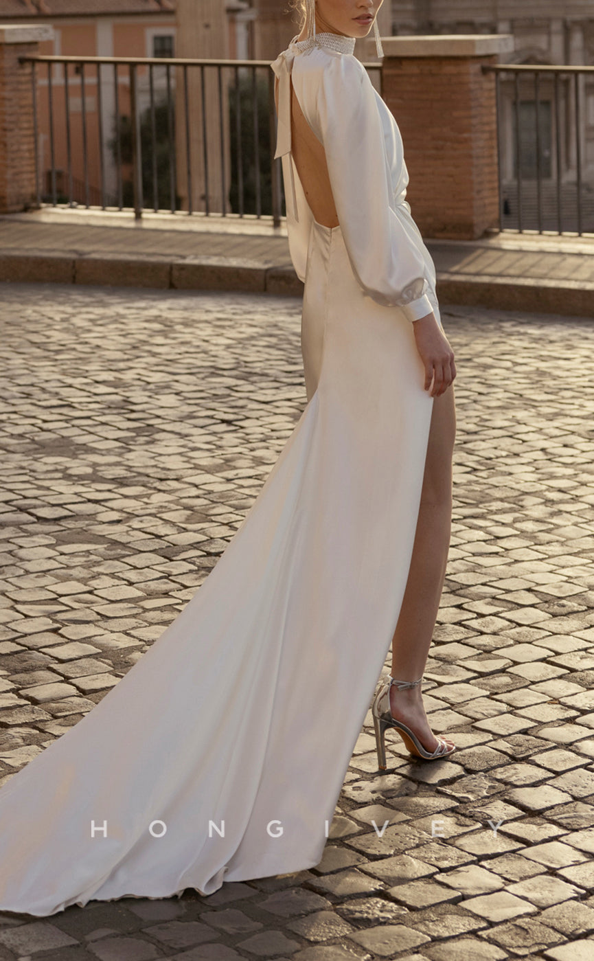 H1406 - Sexy Satin Fitted High Neck Long Sleeve Empire Open Back With Side Slit Wedding Dress