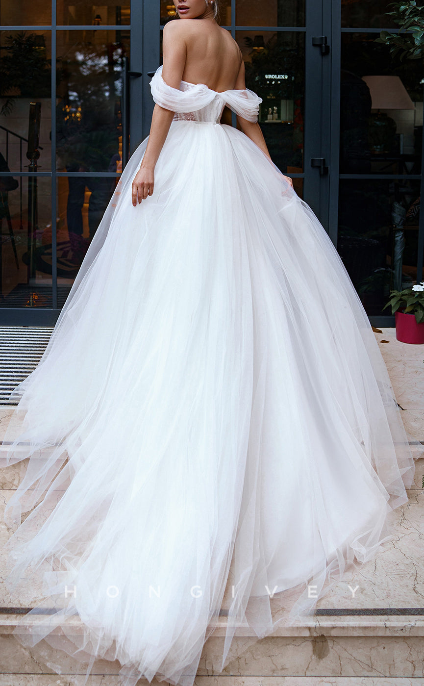 H1407 - Sexy Tulle A-Line Off-Shoulder Empire Beaded With Tulle Train Wedding Dress