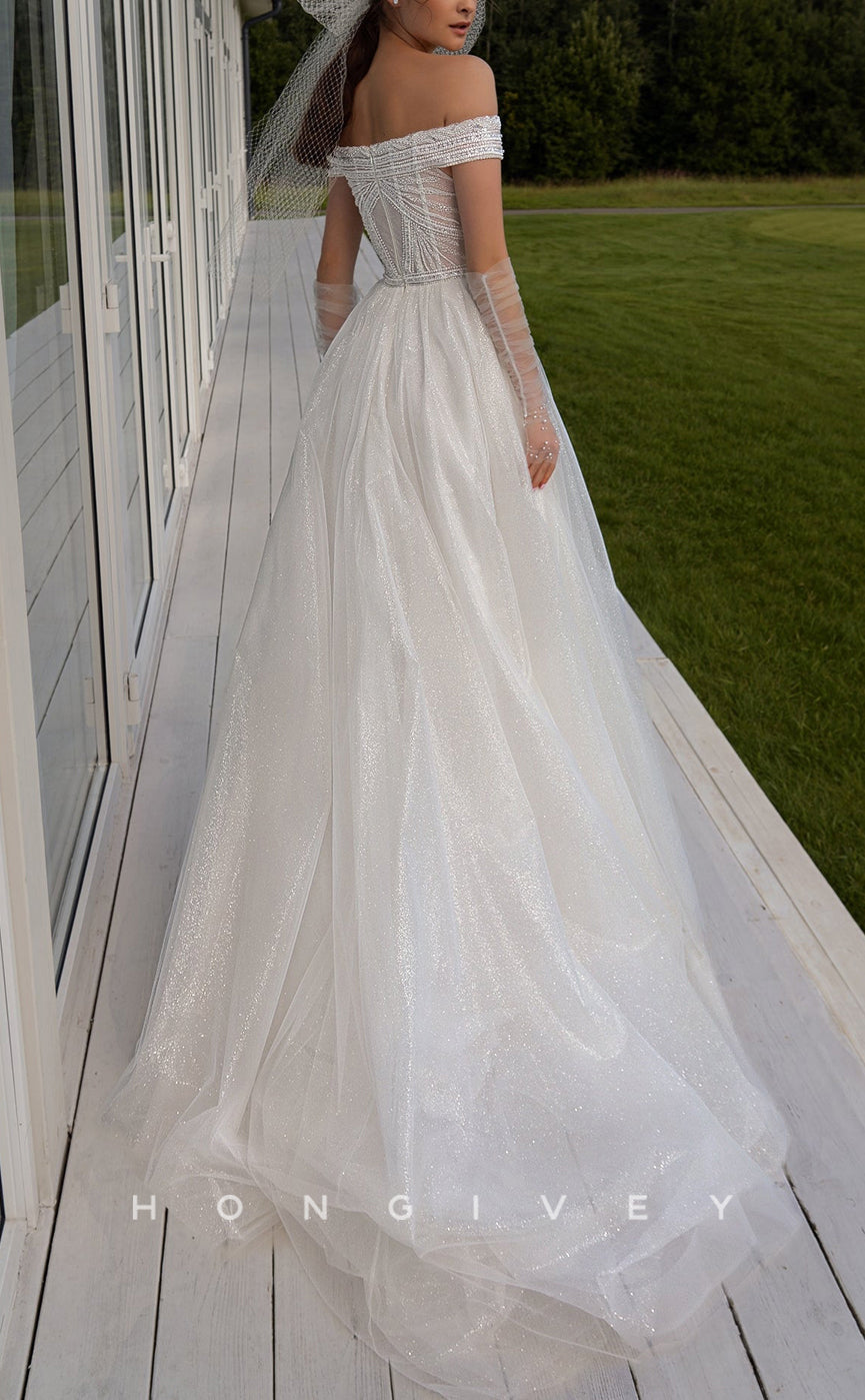 H1408 - Sexy Tulle Glitter A-Line Off-Shoulder Empire Illusion Beaded With Train Wedding Dress