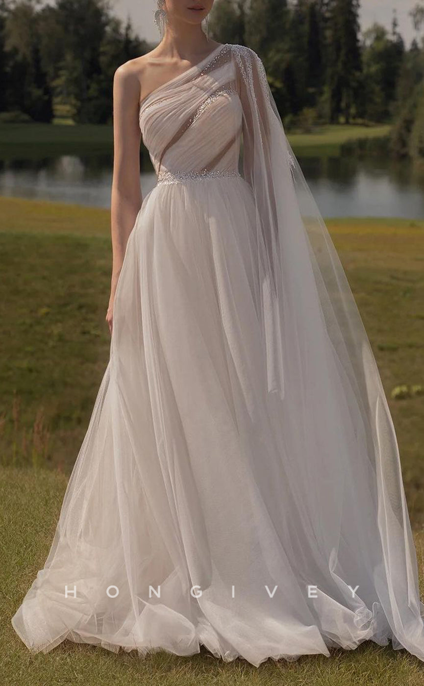 H1409 - Sexy Tulle A-Line One Shoulder Empire Illusion Beaded With Bolero Train Wedding Dress