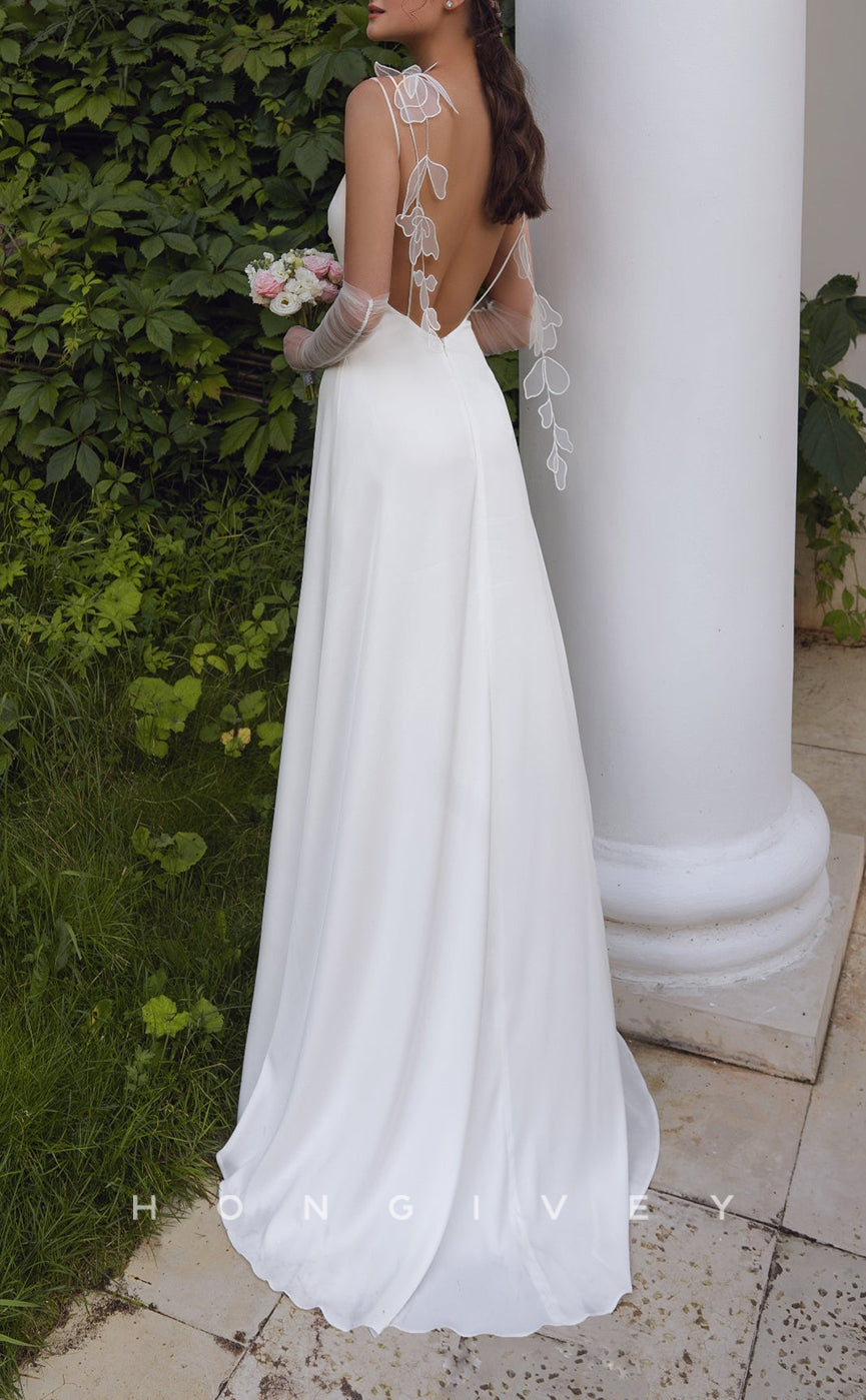 H1411 - Sexy Satin A-Line V-Neck Spaghetti Straps Empire Sleeveless With Sweep Train Wedding Dress