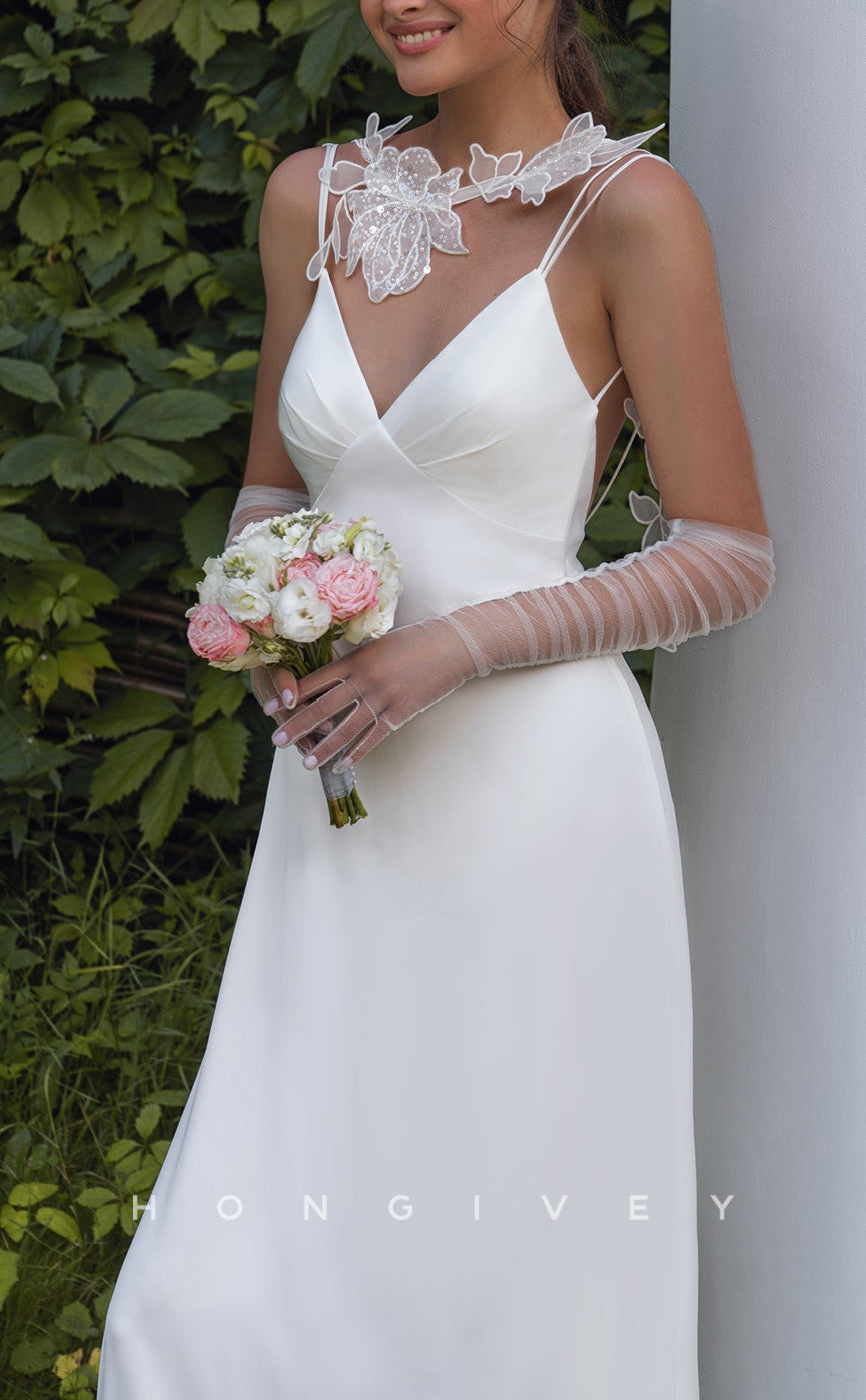 H1411 - Sexy Satin A-Line V-Neck Spaghetti Straps Empire Sleeveless With Sweep Train Wedding Dress