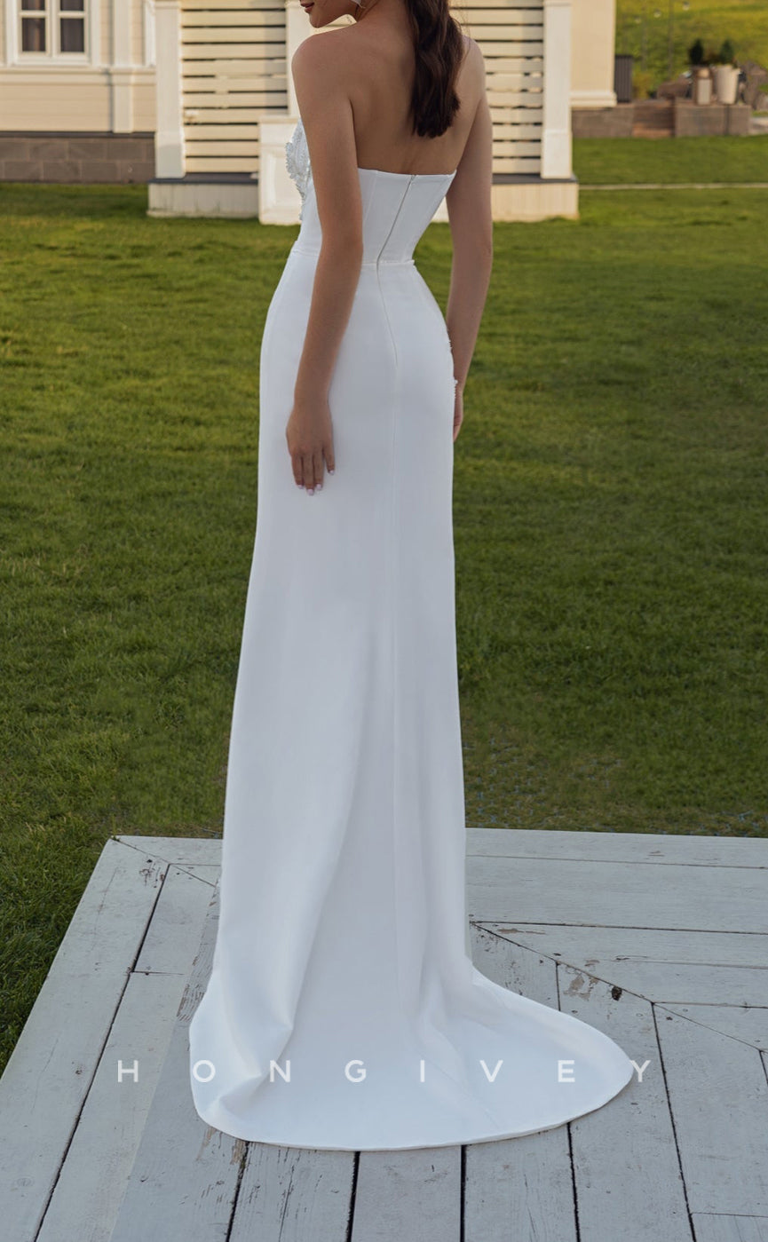 H1413 - Sexy Satin Fitted Asymmetrical Strapless Empire Sequined With Side Slit Train Beach Wedding Dress