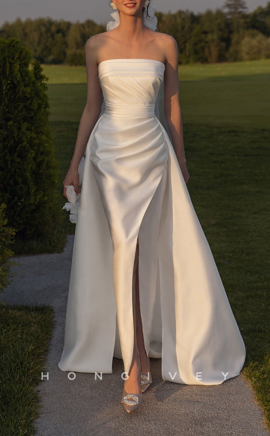 H1414 - Sexy Satin Fitted Strapless Sleeveless Empire Ruched With Overskirt Train Wedding Dress