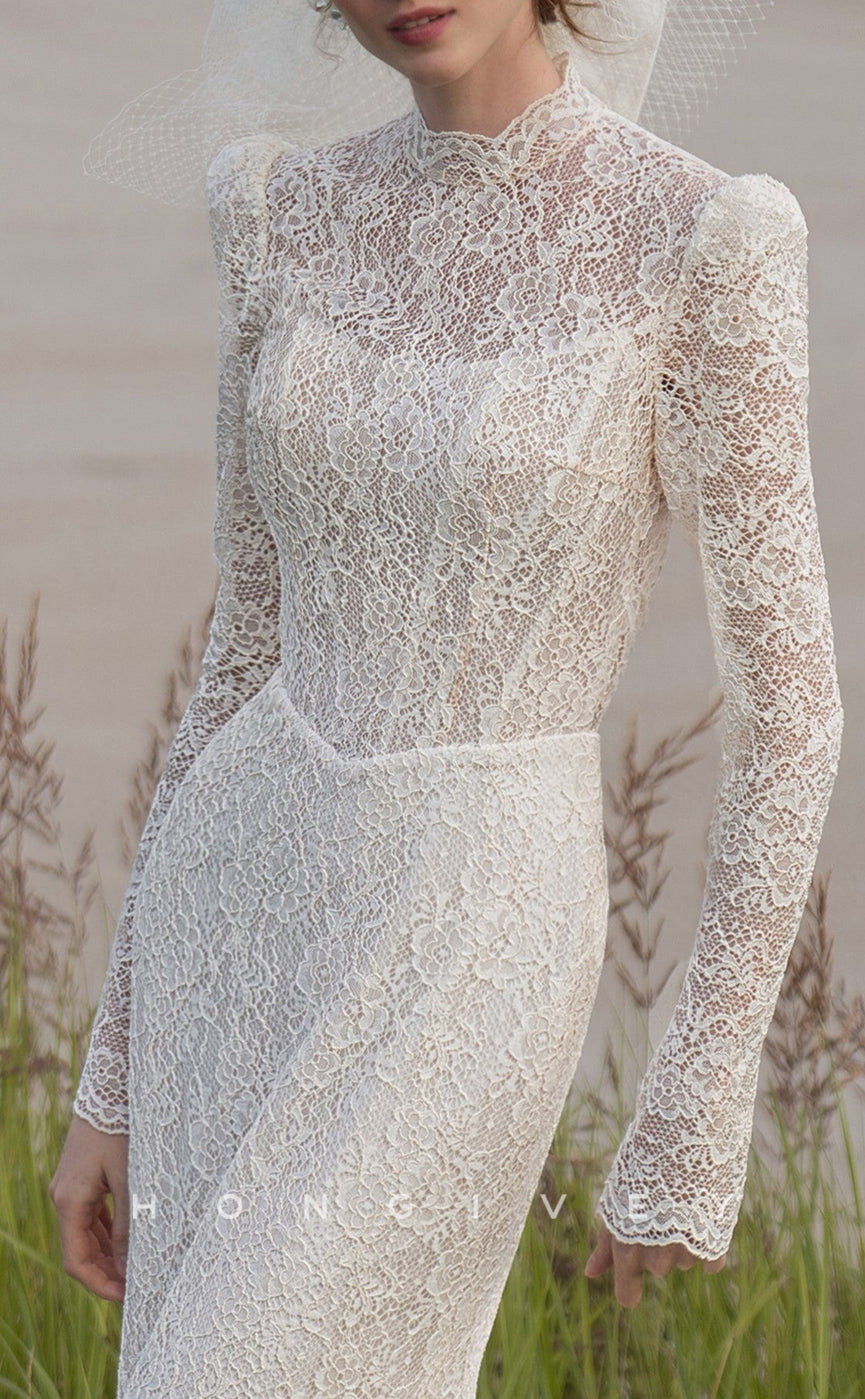 H1415 - Sexy Trumpet Lace High Neck Long Sleeve Empire Appliques With Train Wedding Dress