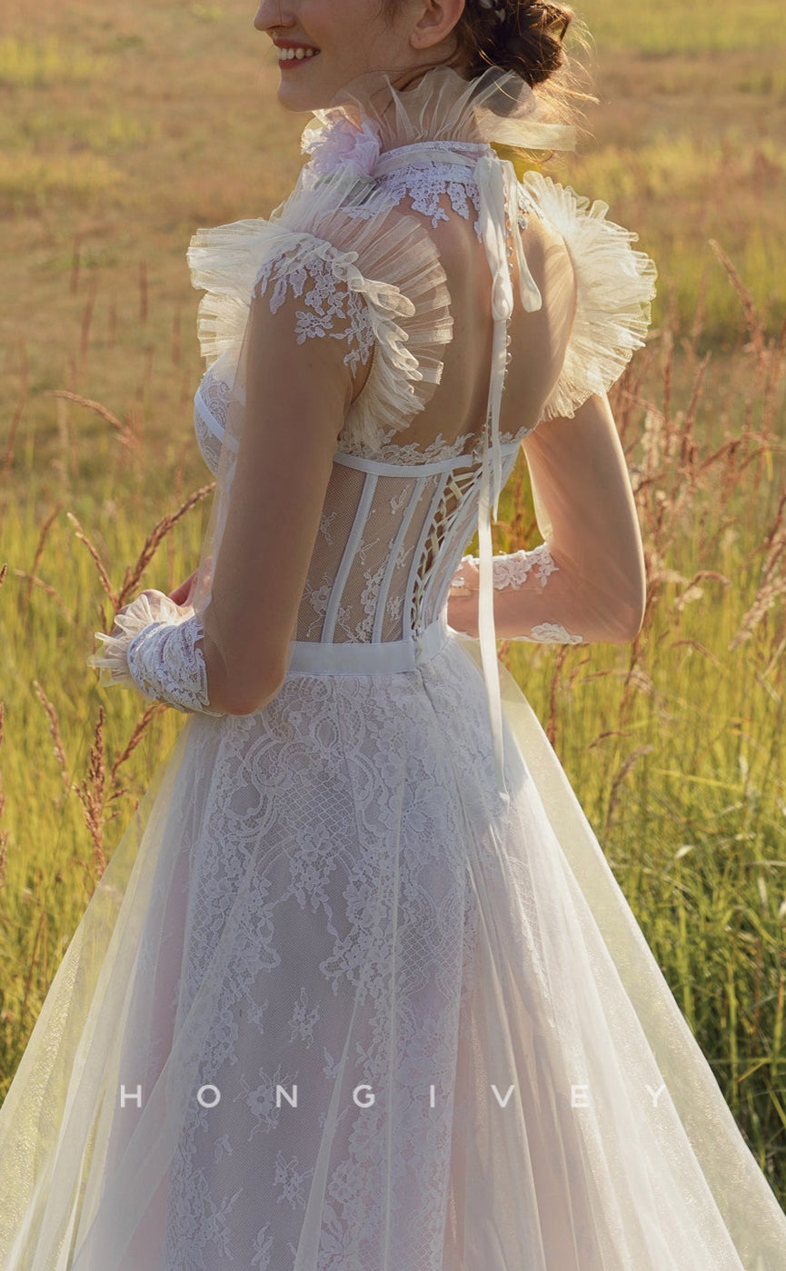 H1416 - Sexy Tulle A-Line Sweetheart Lace Long Sleeve Empire Appliques With Tulle Train Wedding Dress