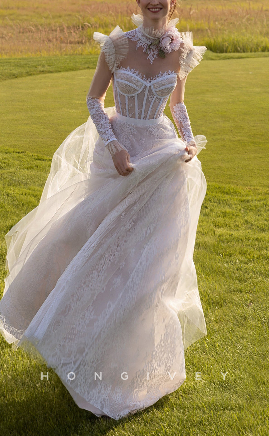 H1416 - Sexy Tulle A-Line Sweetheart Lace Long Sleeve Empire Appliques With Tulle Train Wedding Dress