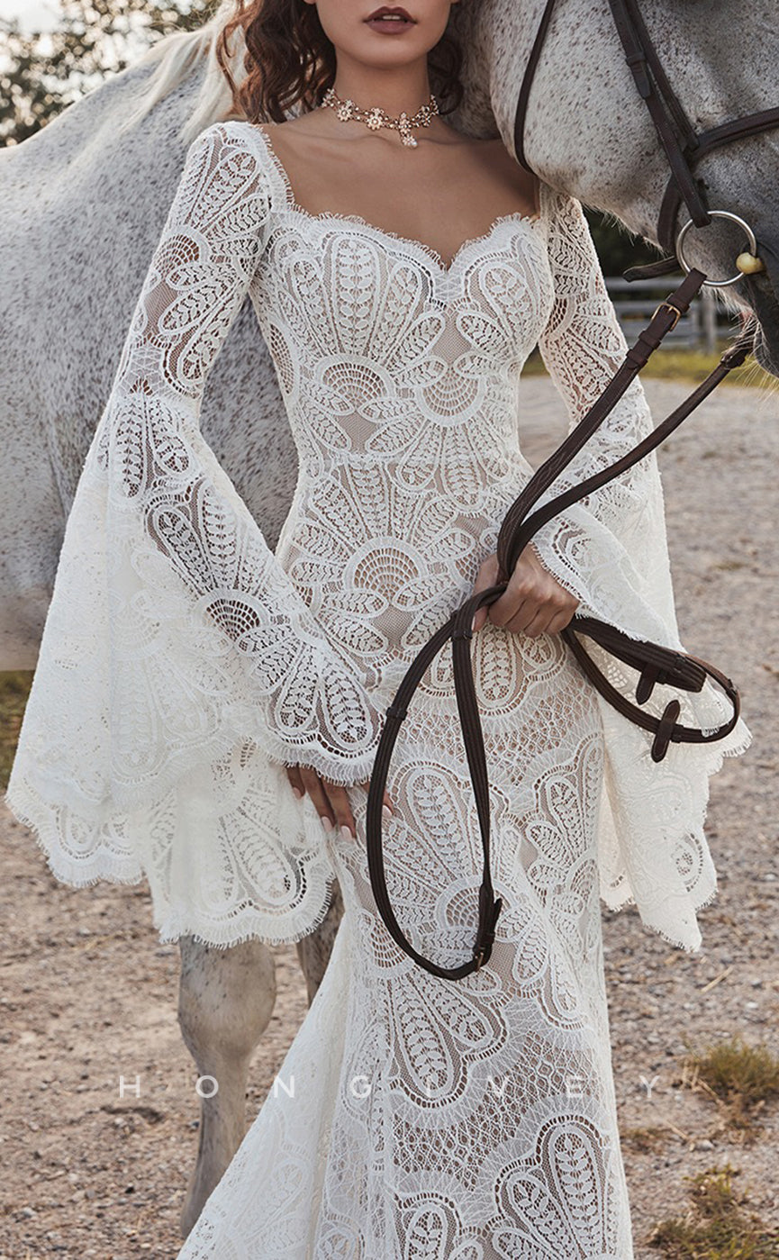 H1417 - Sexy Trumpet Lace Sweetheart With Long Bell Sleeves Empire Appliques With Train Boho Wedding Dress