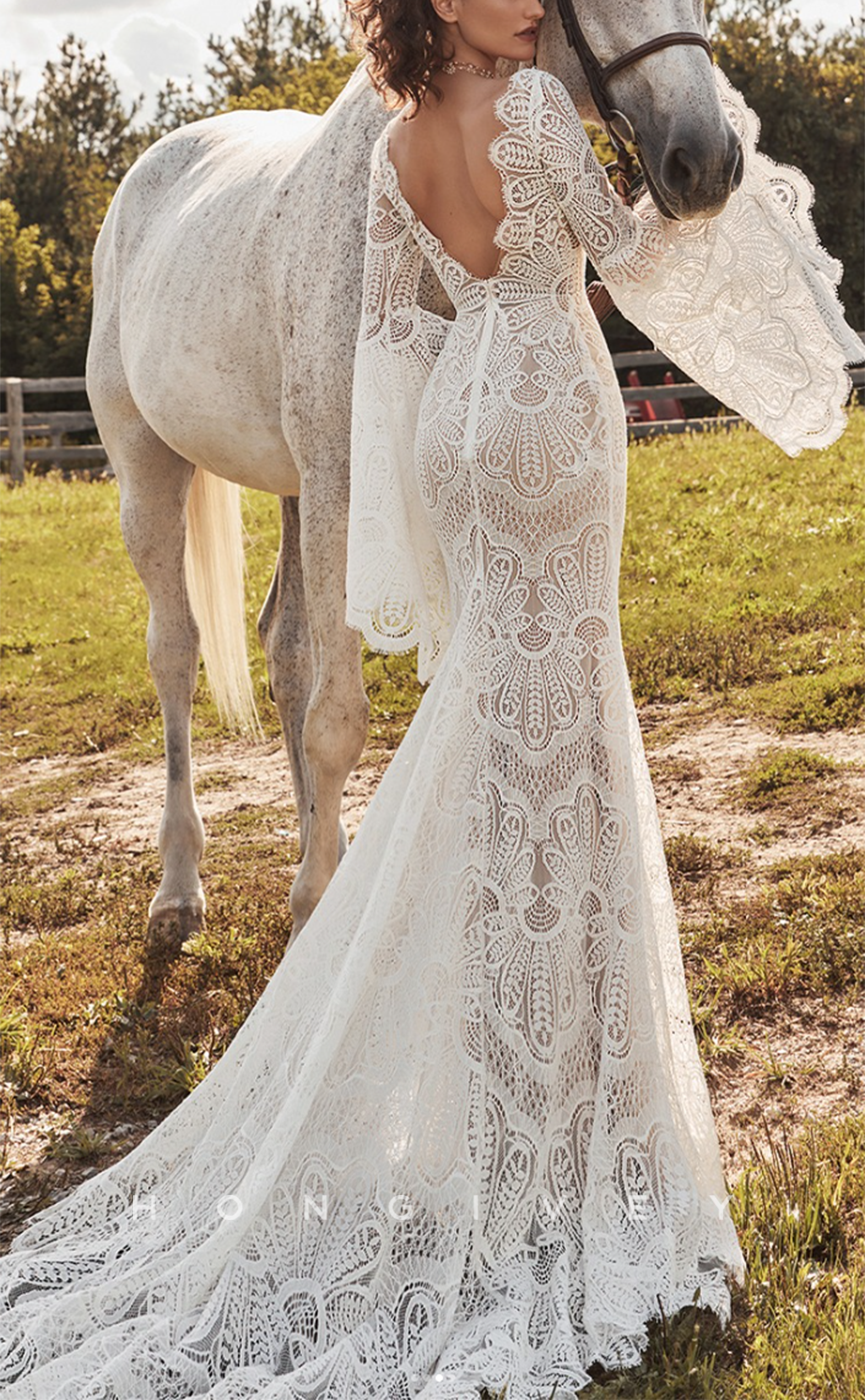 H1417 - Sexy Trumpet Lace Sweetheart With Long Bell Sleeves Empire Appliques With Train Boho Wedding Dress