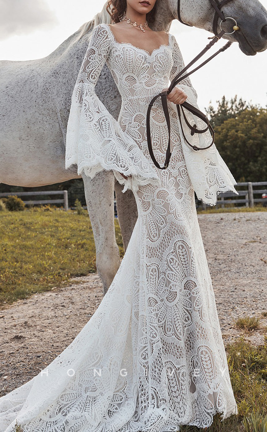 H1417 - Sexy Trumpet Lace Sweetheart With Long Bell Sleeves Empire Appliques With Train Boho Wedding Dress