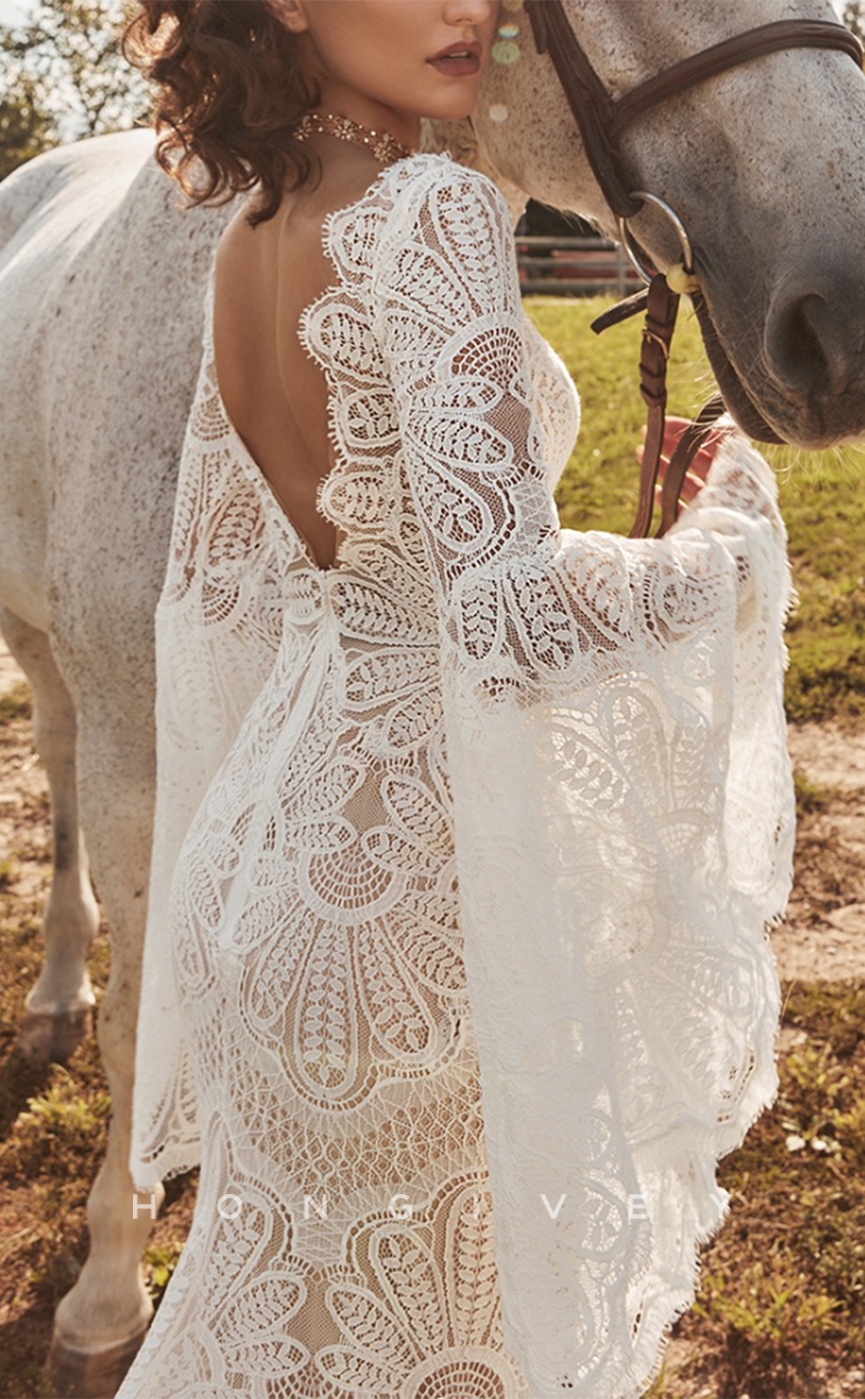 H1417 - Sexy Trumpet Lace Sweetheart With Long Bell Sleeves Empire Appliques With Train Boho Wedding Dress