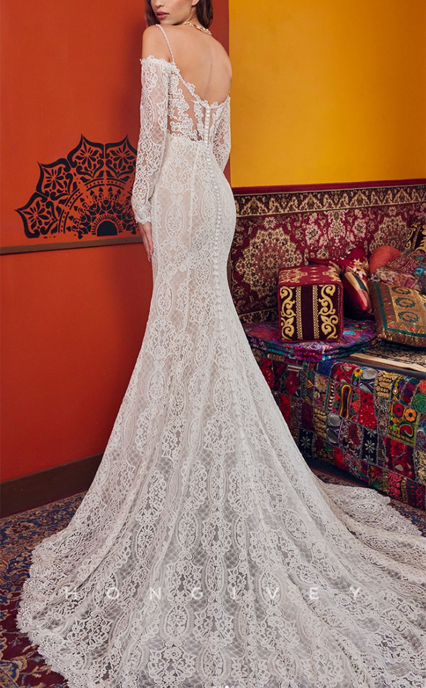 H1418 - Sexy Trumpet Lace V-Neck Spaghetti Straps Detachable Sleeves Empire With Train Boho Wedding Dress