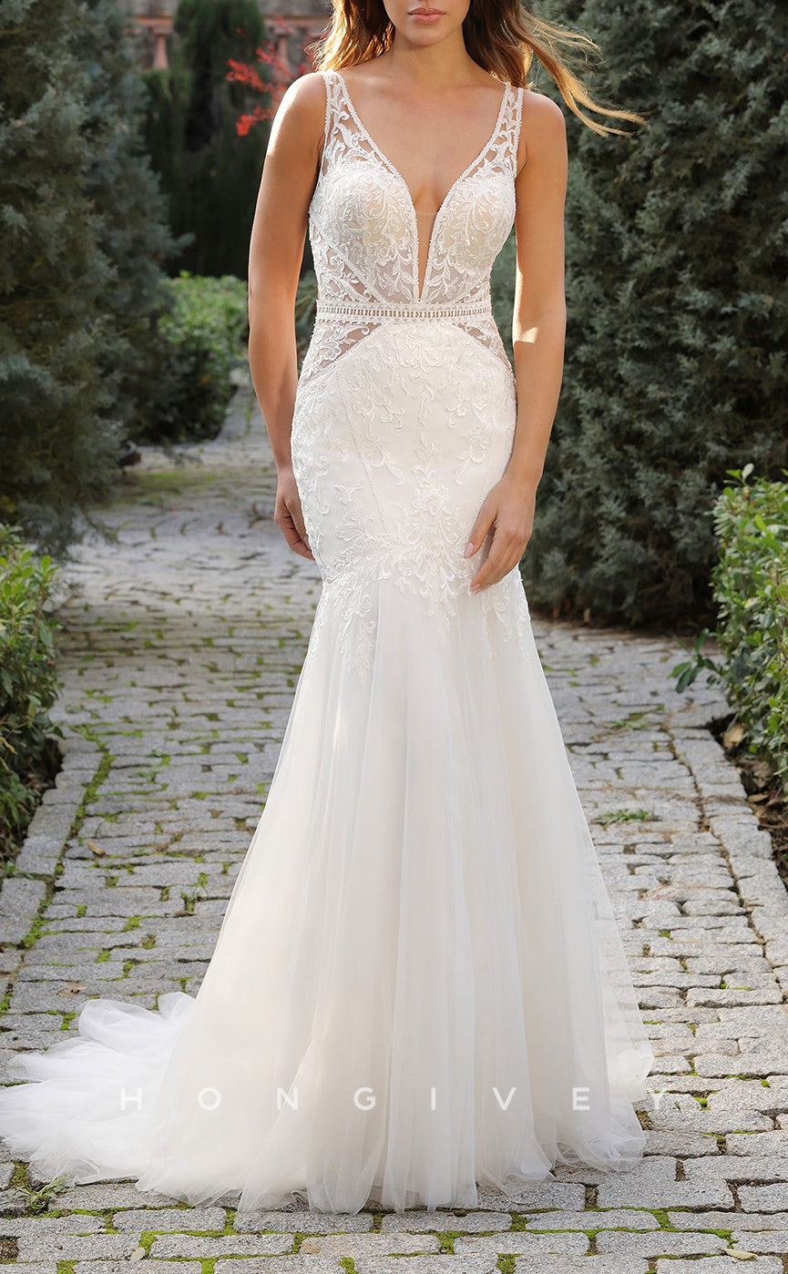 H1420 - Sexy Two Tone Trumpet V-Neck Straps Illusion Empire Appliques With Tulle Train Wedding Dress