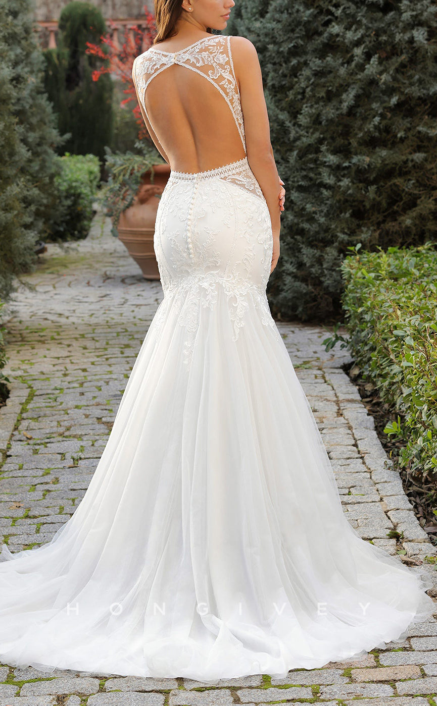 H1420 - Sexy Two Tone Trumpet V-Neck Straps Illusion Empire Appliques With Tulle Train Wedding Dress