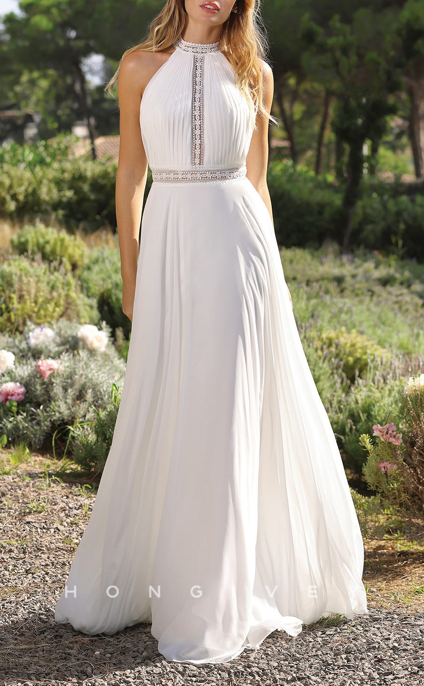 H1422 - Sexy Satin A-Line High Neck Sleeveless Empire Illusion Appliques With Sweep Train Boho Wedding Dress