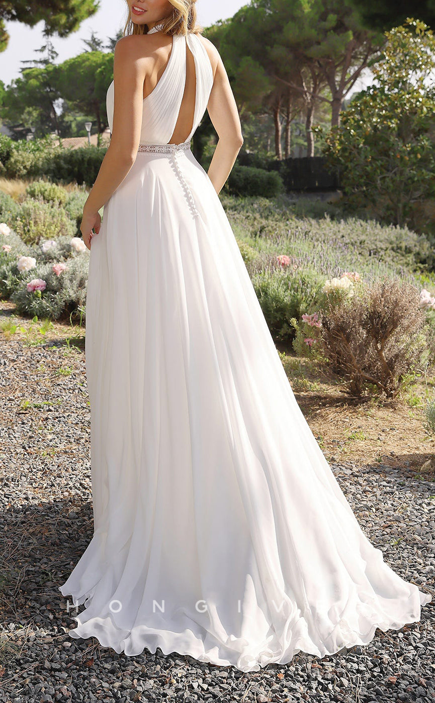 H1422 - Sexy Satin A-Line High Neck Sleeveless Empire Illusion Appliques With Sweep Train Boho Wedding Dress