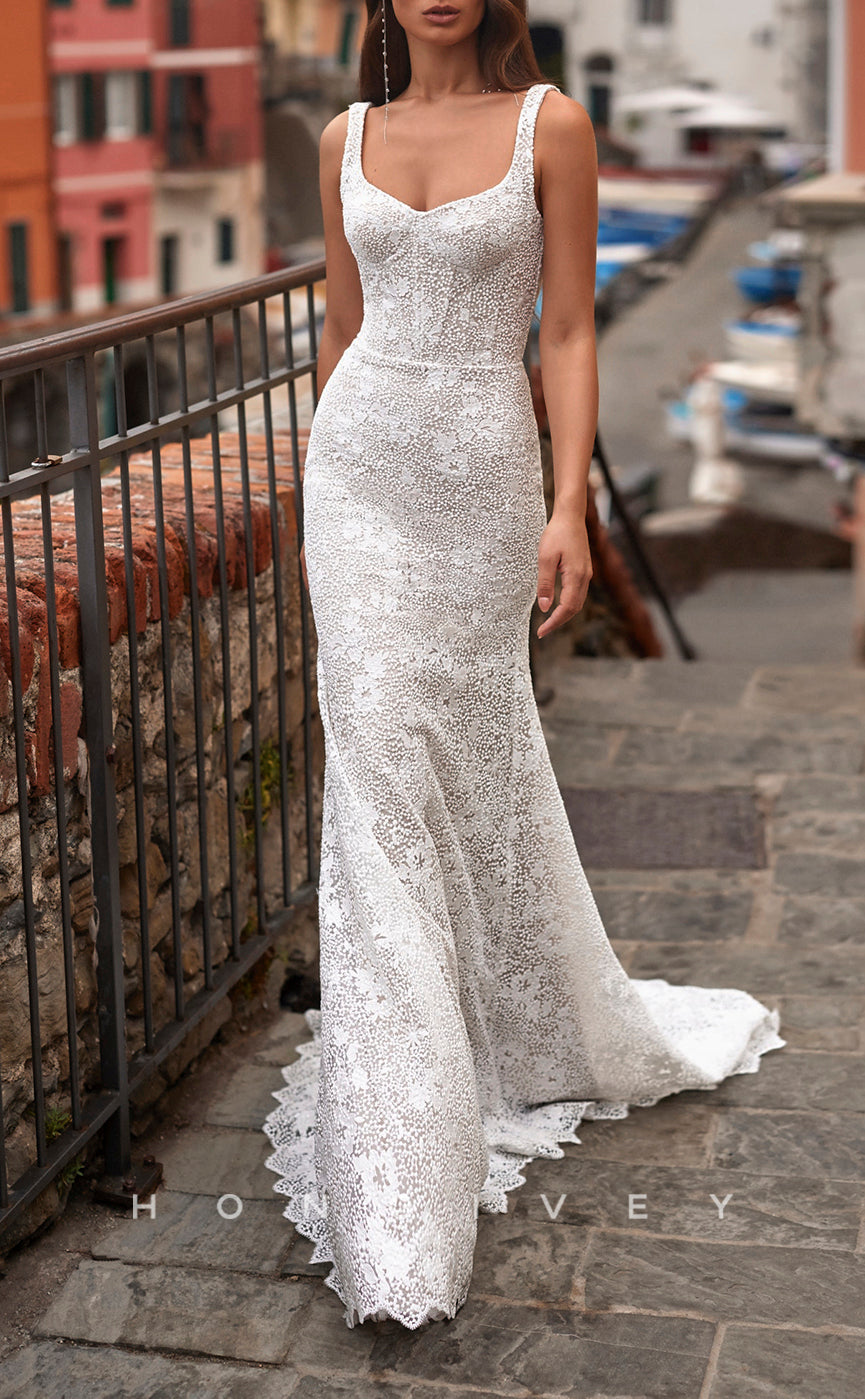 H1424 - Sexy Lace Trumpet Bateau Straps Empire Fully Appliques Sleeveless With Train Wedding Dress