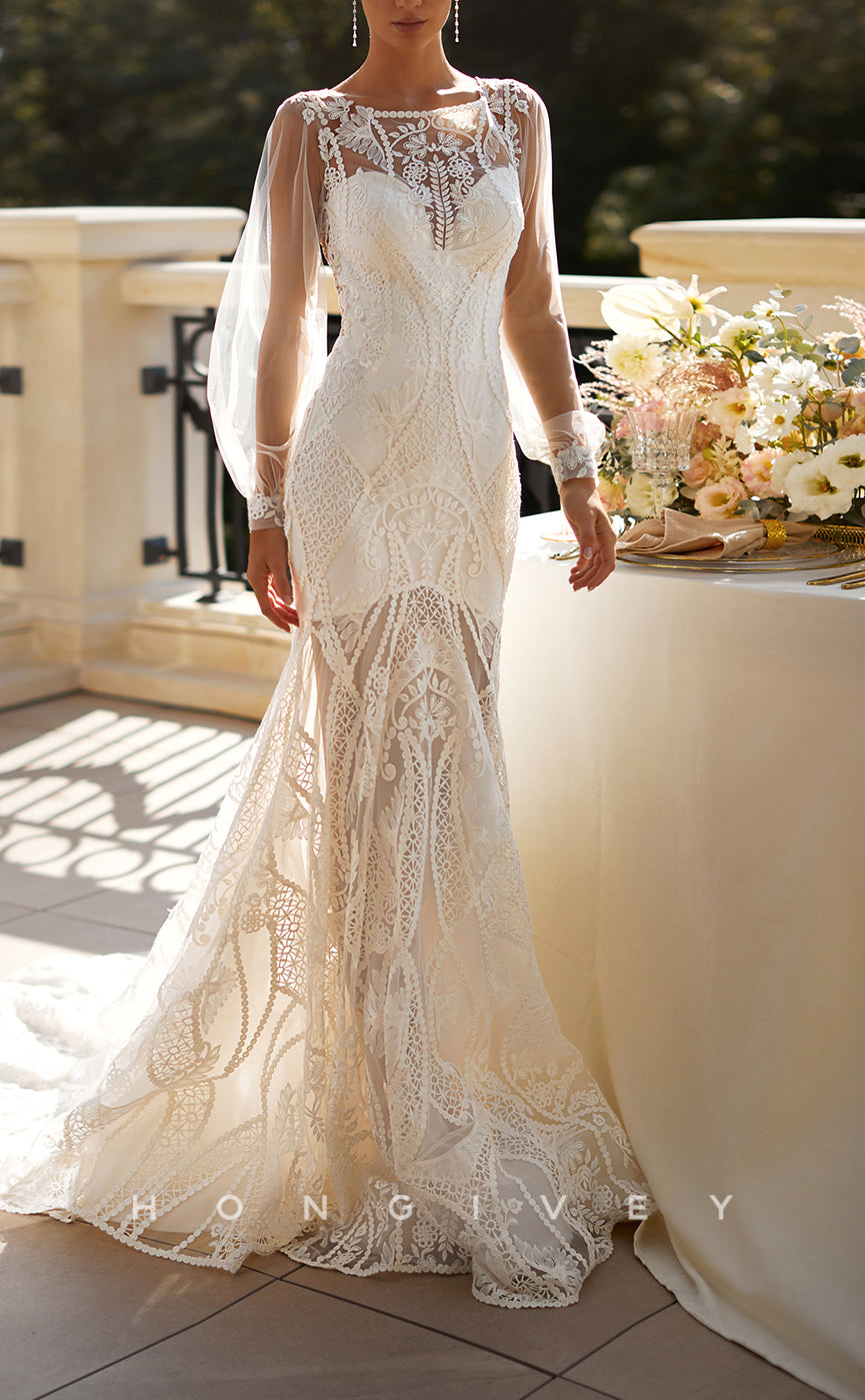 H1425 - Sexy Lace Trumpet Square Long Sleeve Appliques Illusion With Train Boho Wedding Dress