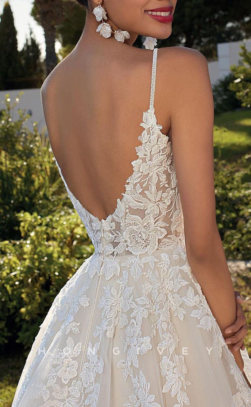 H1426 - Sexy Tulle A-Line V-Neck Spaghetti Straps Empire Lace Appliques With Train Wedding Dress