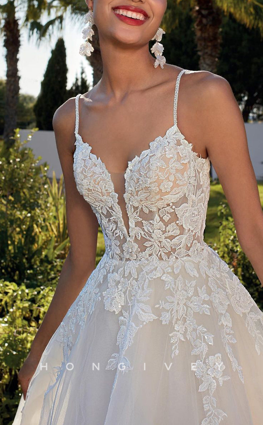 H1426 - Sexy Tulle A-Line V-Neck Spaghetti Straps Empire Lace Appliques With Train Wedding Dress