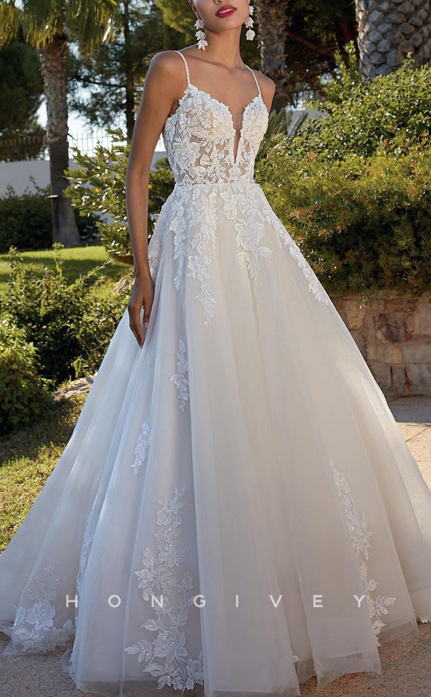 H1426 - Sexy Tulle A-Line V-Neck Spaghetti Straps Empire Lace Appliques With Train Wedding Dress