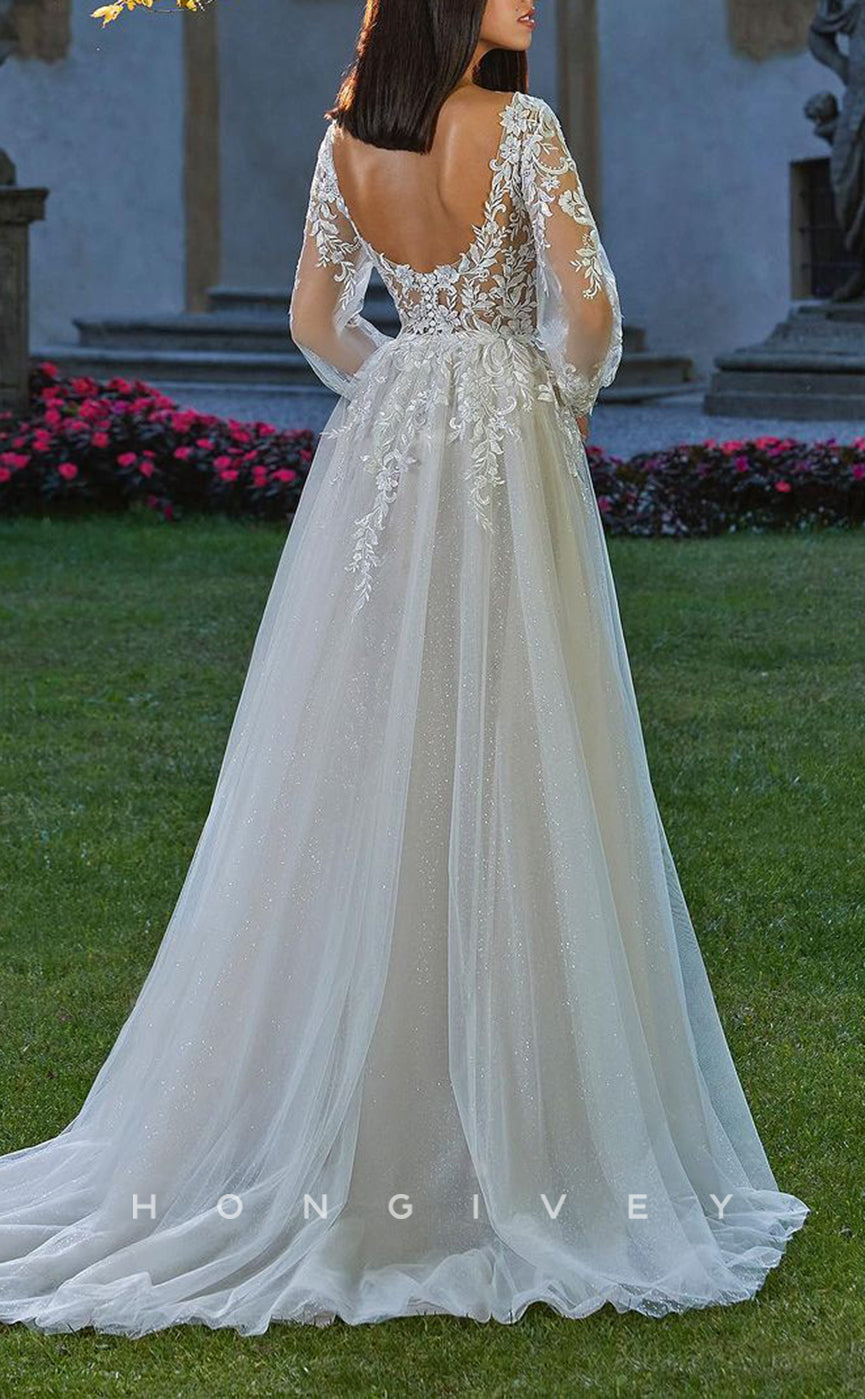 H1427 - Sexy Tulle Glitter A-Line V-Neck Lace Long Sleeves Empire Appliques With Train Wedding Dress