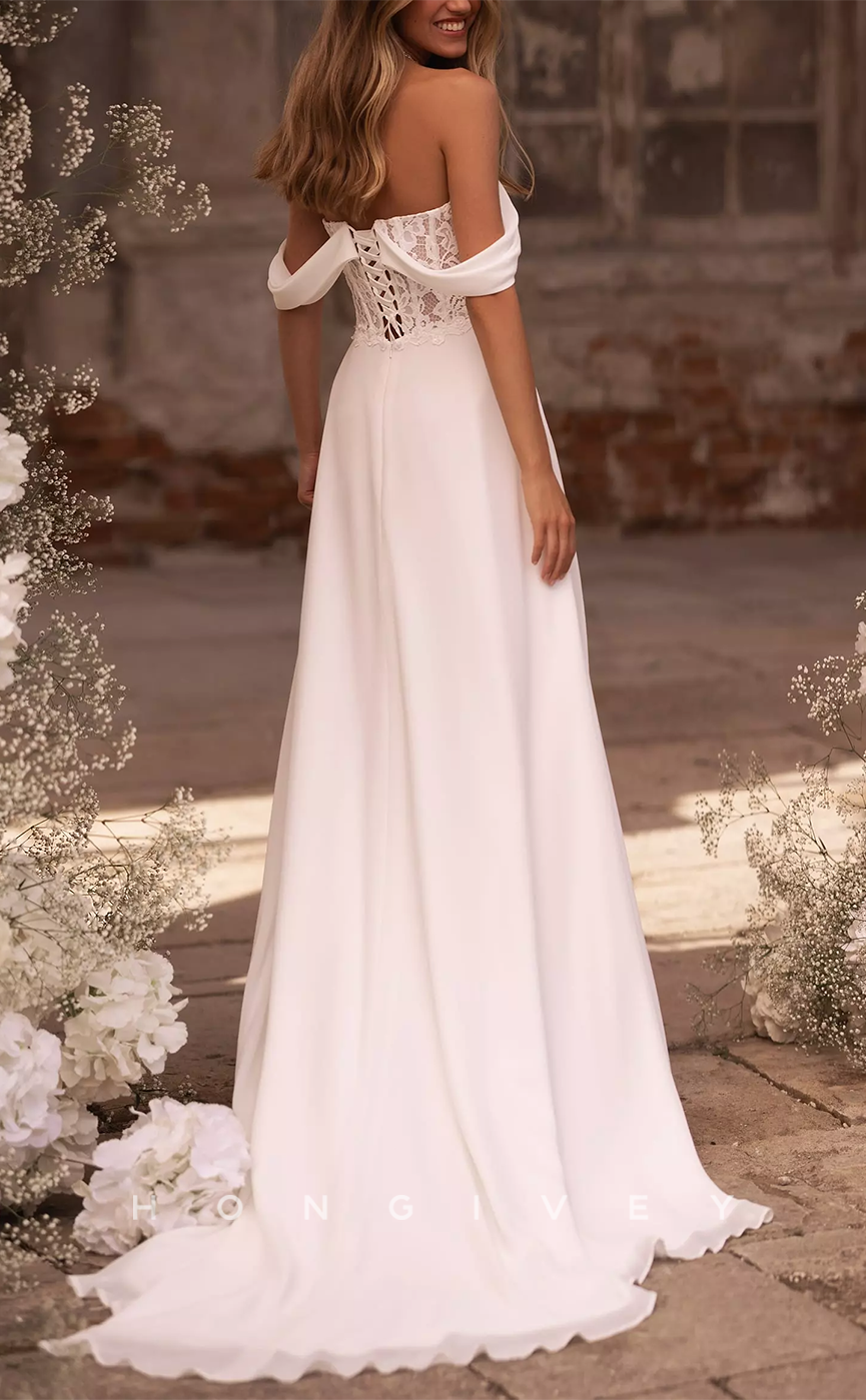 H1432 - Sexy Satin A-Line Off-Shoulder Empire Illusion Lace Appliques With Side Slit Wedding Dress