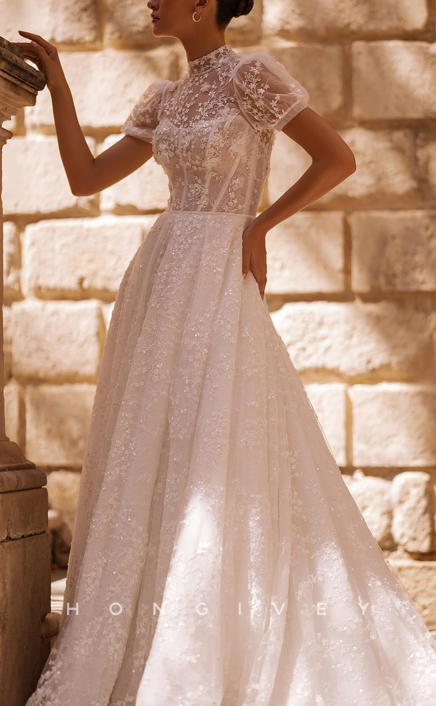 H1436 - Sexy Lace A-Line High Neck Short Sleeves Empire Allover Lace Sequined With Train Wedding Dress