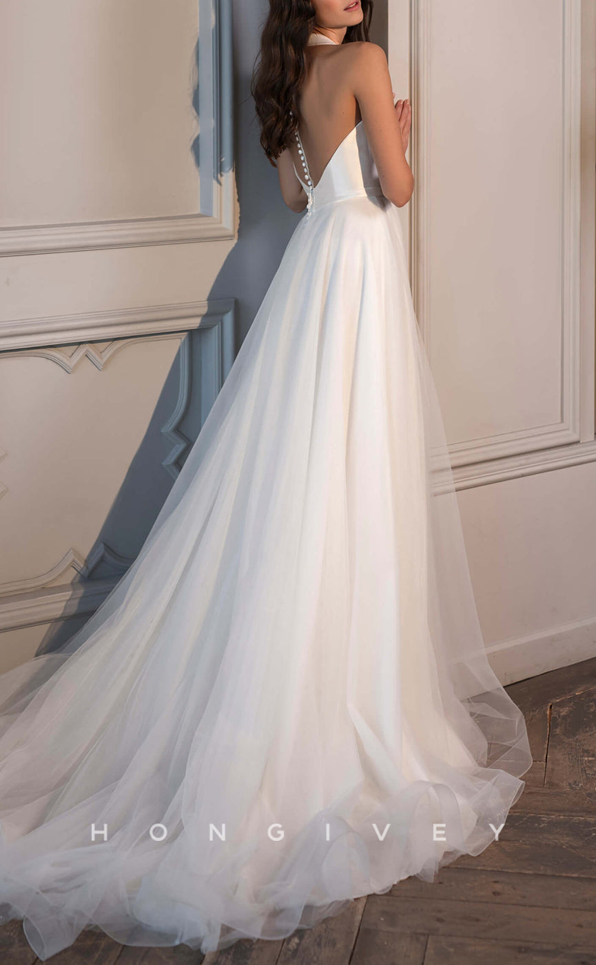 H1438 - Sexy A-Line V-Neck Halter Empire Two Tone Belt With Tulle Train Wedding Dress