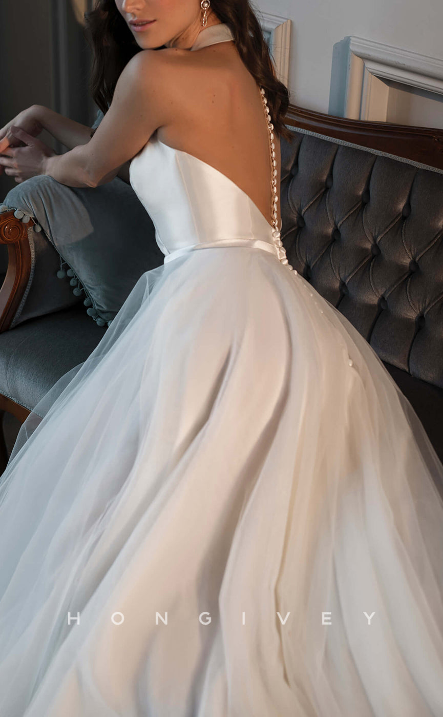 H1438 - Sexy A-Line V-Neck Halter Empire Two Tone Belt With Tulle Train Wedding Dress