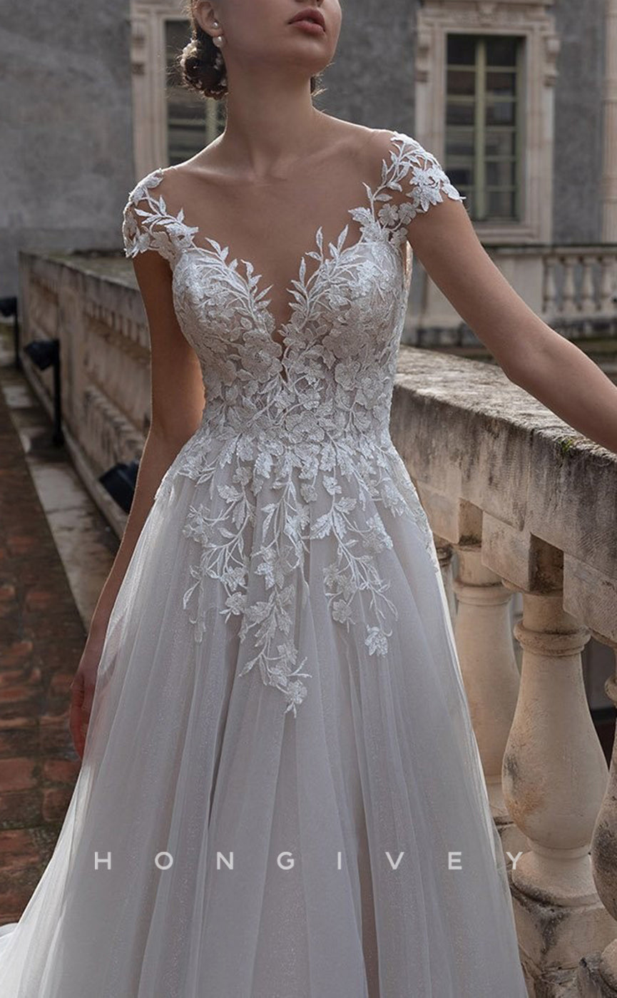 H1439 - Sexy Tulle Glitter A-Line Sweetheart Cap Sleeves Empire Appliques With Tulle Train Wedding Dress