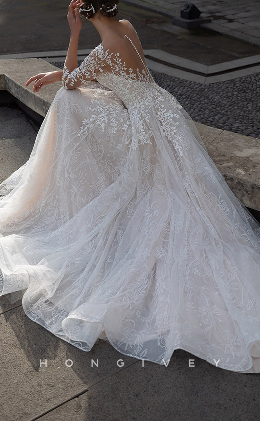 H1440 - Sexy Satin A-Line Sweetheart Lace Long Sleeve Empire Appliques With Train Wedding Dress