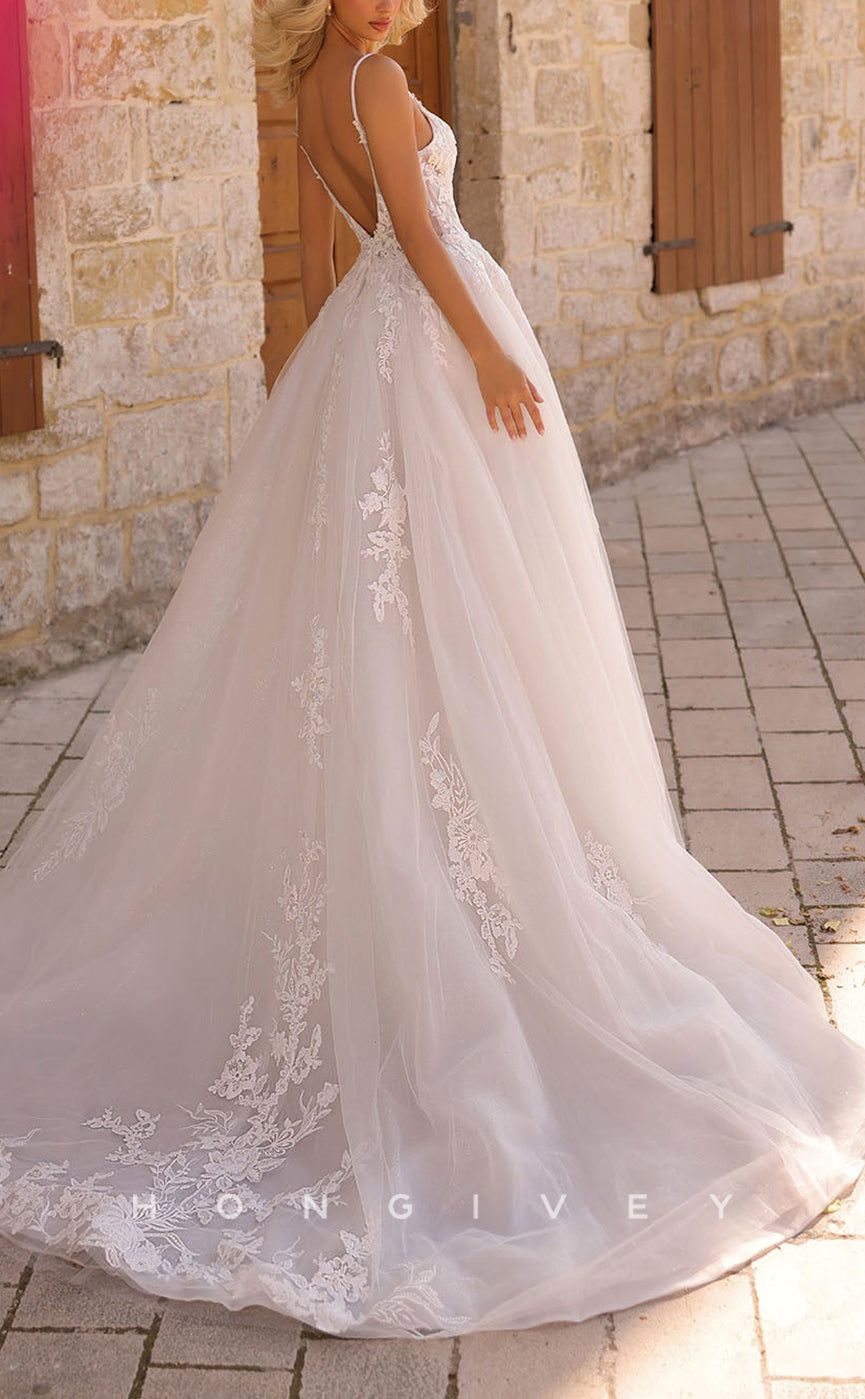 H1441 - Sexy  Tulle A-Line Sweetheart Spaghetti Straps Empire Appliques With Side Slit Train Wedding Dress