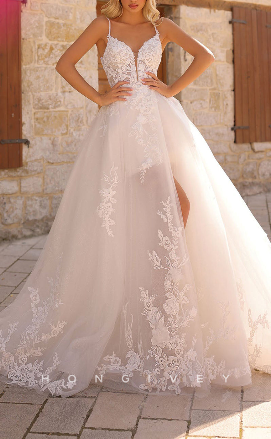 H1441 - Sexy  Tulle A-Line Sweetheart Spaghetti Straps Empire Appliques With Side Slit Train Wedding Dress