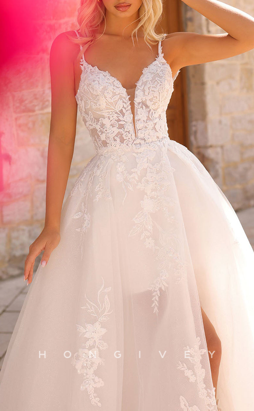 H1441 - Sexy  Tulle A-Line Sweetheart Spaghetti Straps Empire Appliques With Side Slit Train Wedding Dress