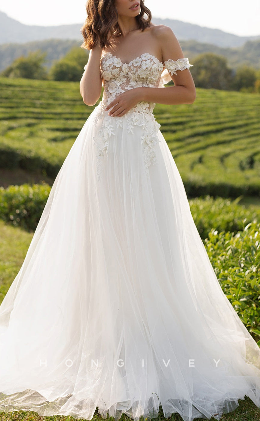 H1444 - Sexy Tulle A-Line Sweetheart Off-Shoulder Empire Illusion Appliques Pearls With Train Wedding Dress