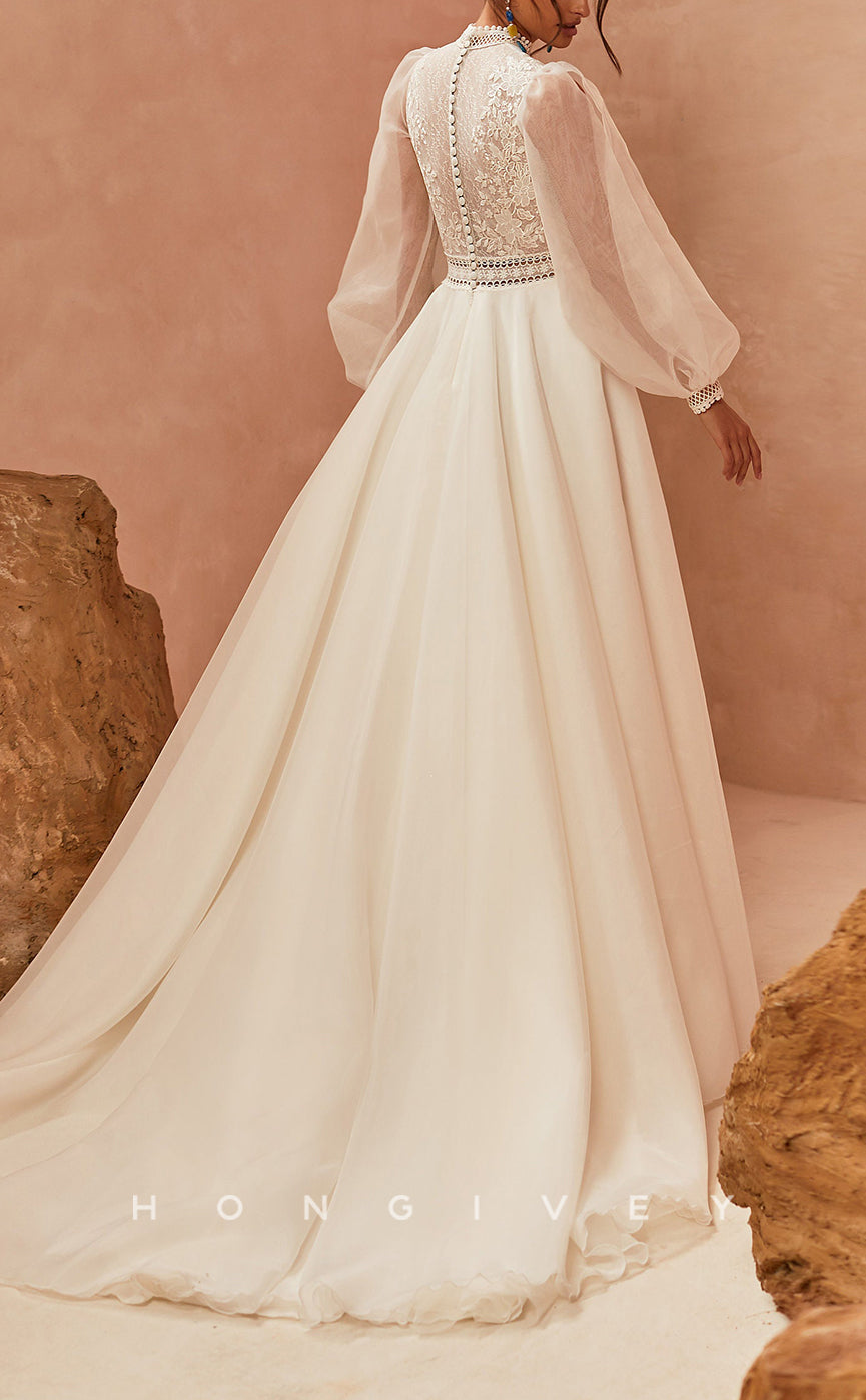 H1445 - Sexy Satin A-Line High Neck Long Sleeve Empire Appliques With Train Boho Wedding Dress