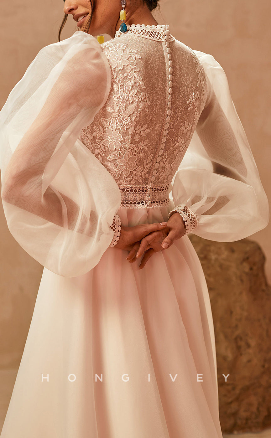 H1445 - Sexy Satin A-Line High Neck Long Sleeve Empire Appliques With Train Boho Wedding Dress