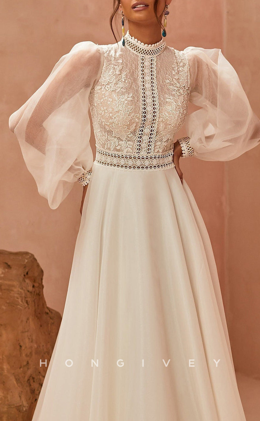 H1445 - Sexy Satin A-Line High Neck Long Sleeve Empire Appliques With Train Boho Wedding Dress