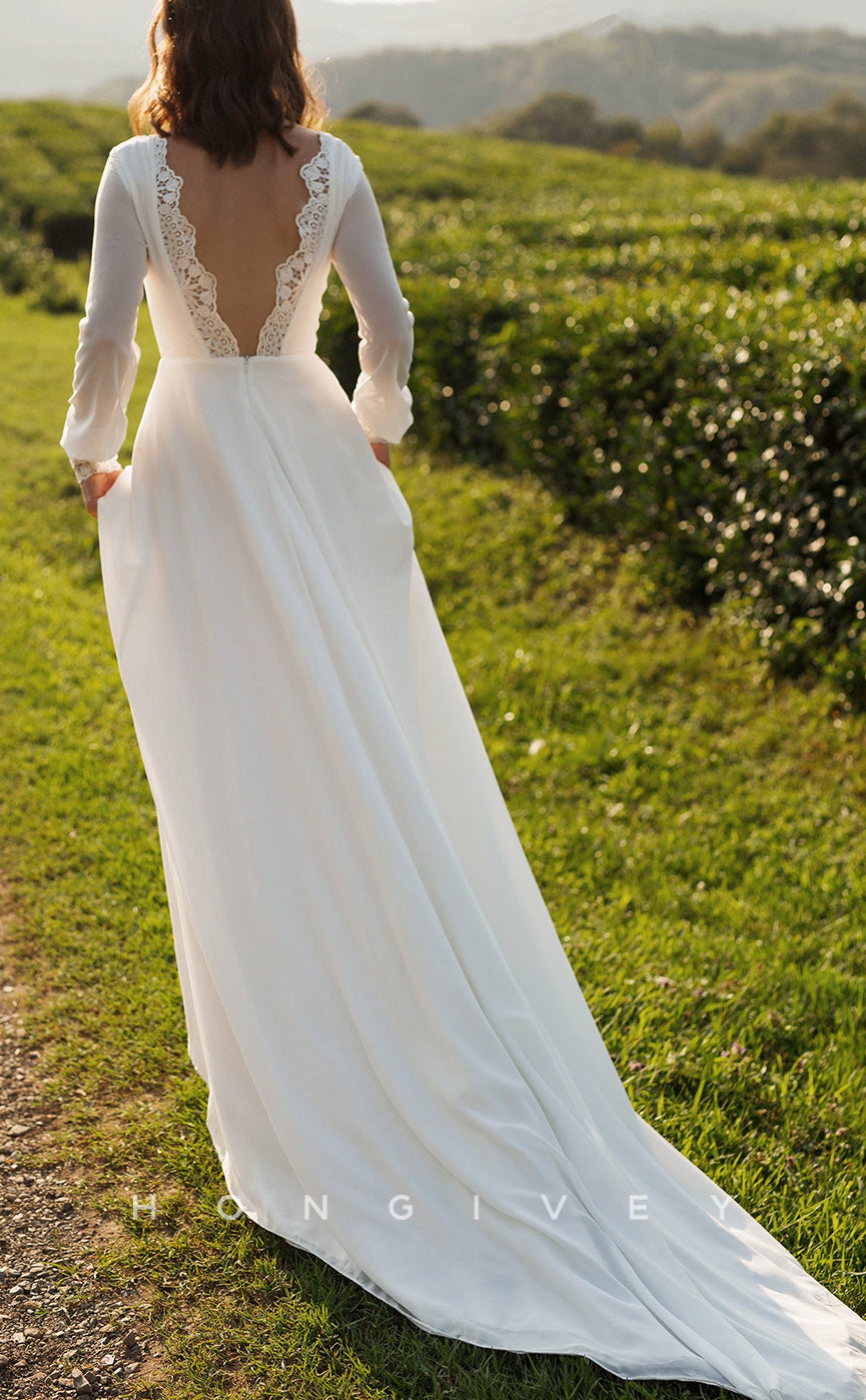 H1446 - Sexy Satin A-Line Round Empire Long Sleeve With Train Boho Wedding Dress