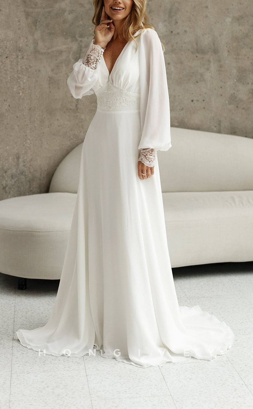 H1447 - Sexy Satin A-Line V-Neck Empire Long Sleeve Appliques With Train Boho Wedding Dress