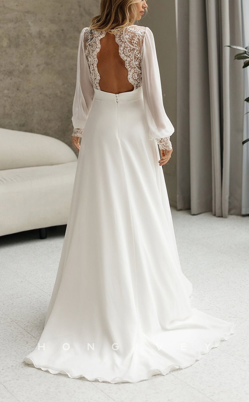 H1447 - Sexy Satin A-Line V-Neck Empire Long Sleeve Appliques With Train Boho Wedding Dress