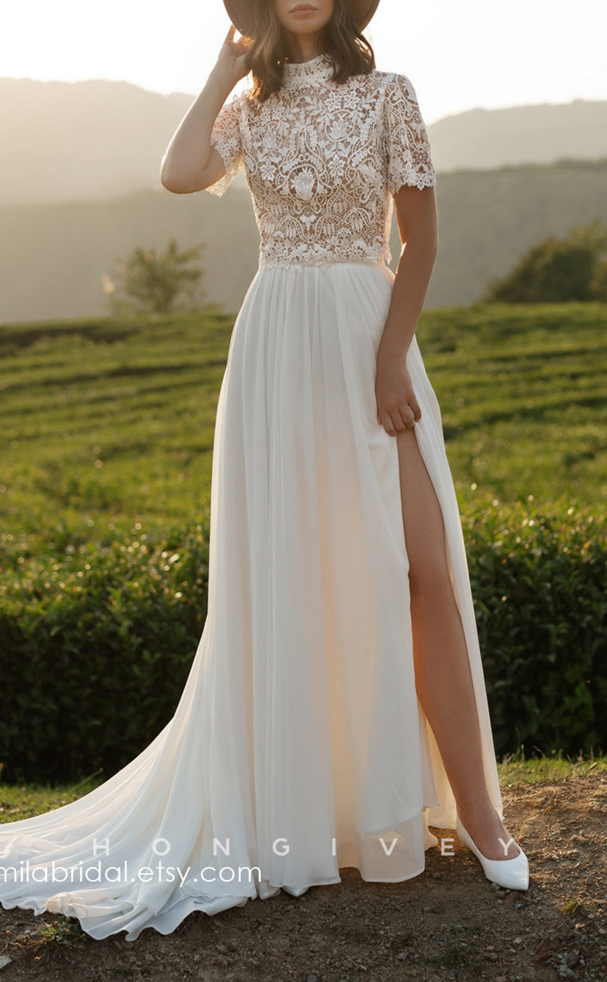 H1450 - Sexy Satin A-Line High Neck Short Sleeves Empire Illusion With Side Slit Train Boho Wedding Dress