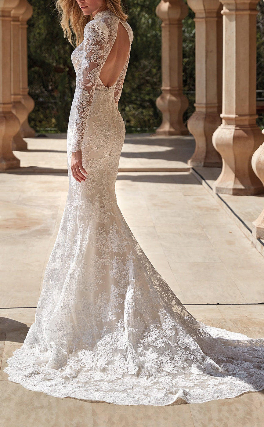 H1452 - Sexy Trumpet Lace High Neck Long Sleeves Empire Illusion Appliques With Train Wedding Dress